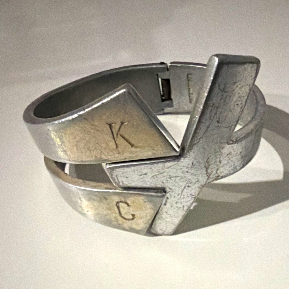 Silver Tone Metal Hinged Cuff Bracelet Cross Design Signed Initials K & C